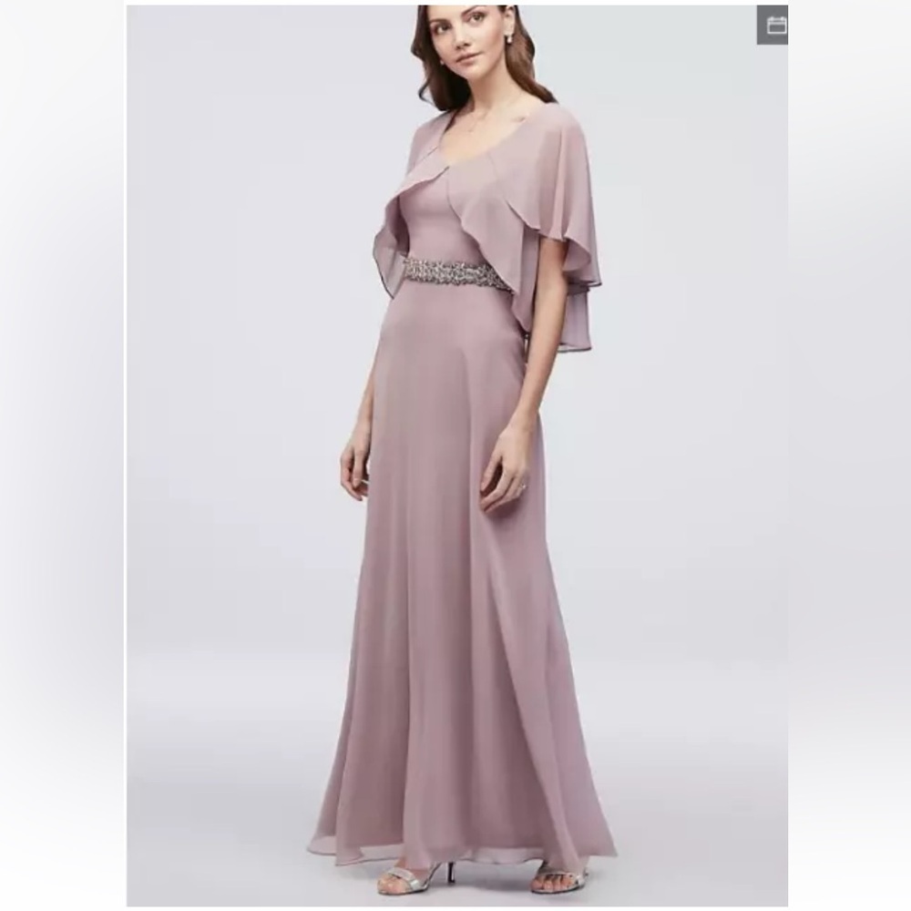 Alex Evening Chiffon Sheath Dress with Tiered Flutter Sleeves Pale Blush Size 8